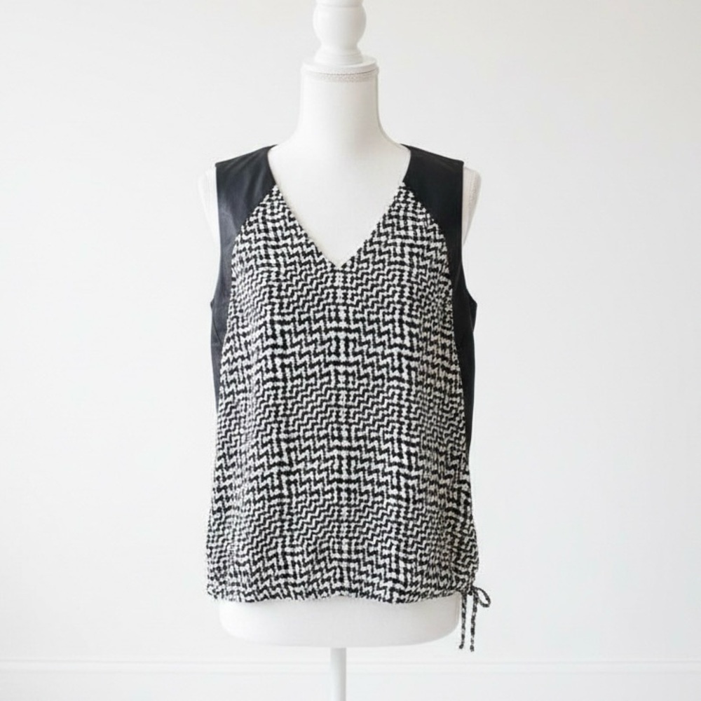 Rag & Bone|Luxurious Black/White Zigzag Silk & Lamb Leather Sleeveless Top Sz XS